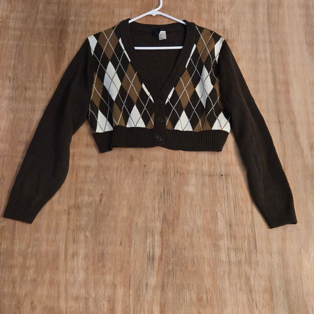 Brown‎ Argyle Cropped Cardigan Sweater V-Neck Knit Size Med H & M Dark Academia
